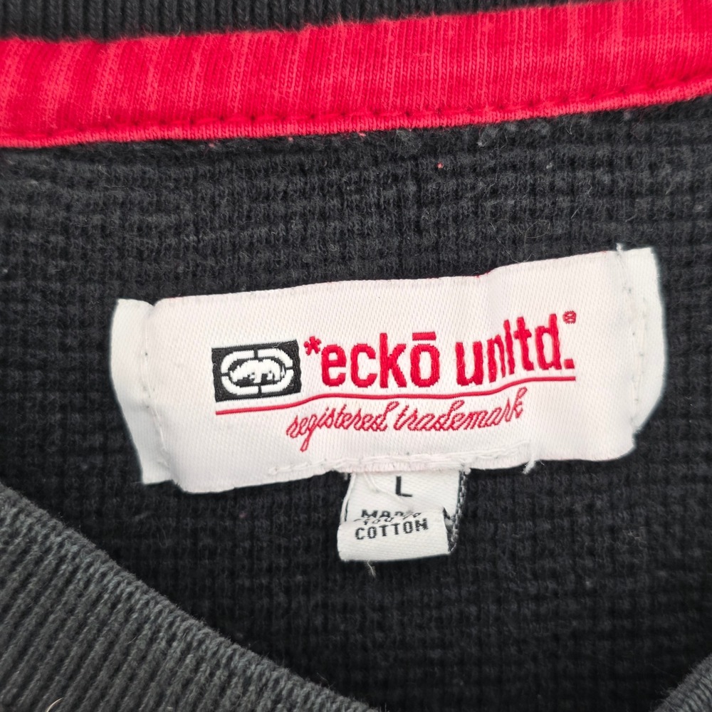 Vintage Ecko Unltd Mens L Waffle Knit Thermal Long Sleeve Shirt Black Sleeve Hit - Picture 2 of 9